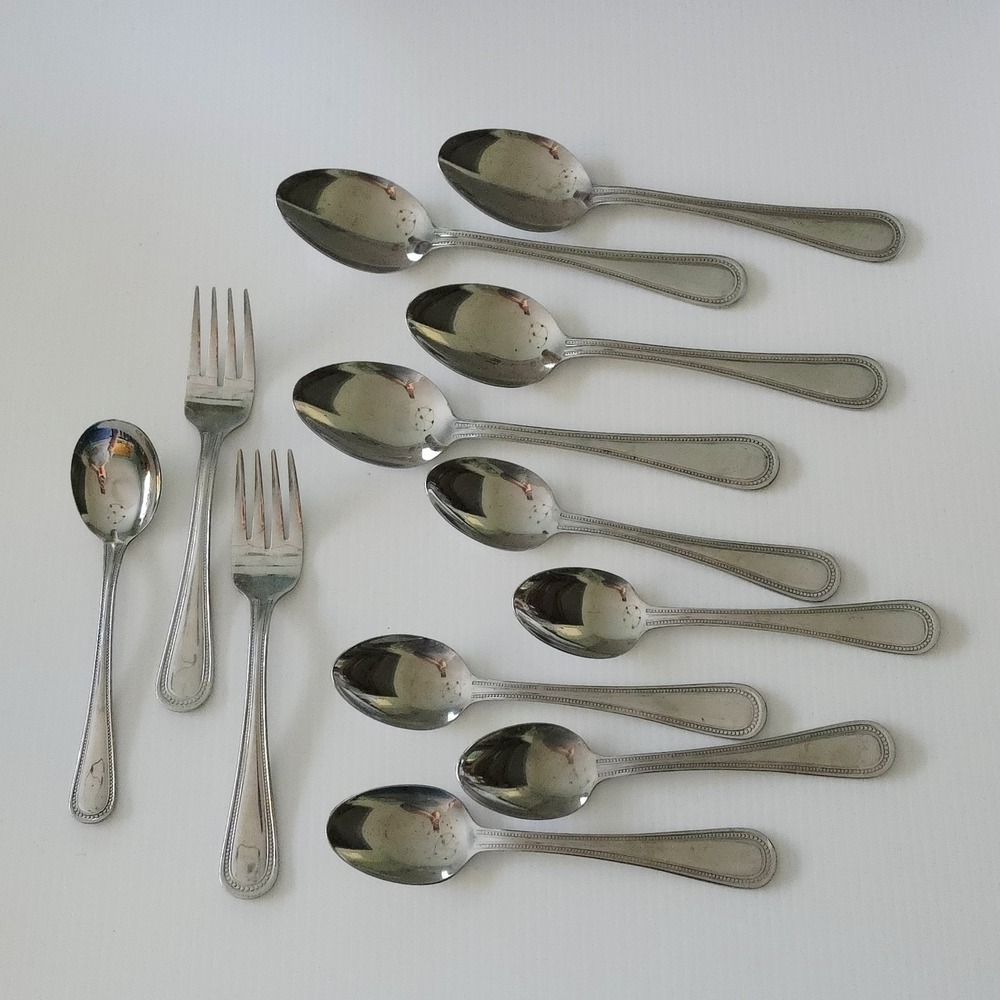 Lot of 12 Gibson Stainless Silverware Flatware Arcade Beaded Spoons Forks